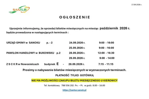 SANTUR Sanok: terminy sprzedaży biletów miesięcznych na październik 2026