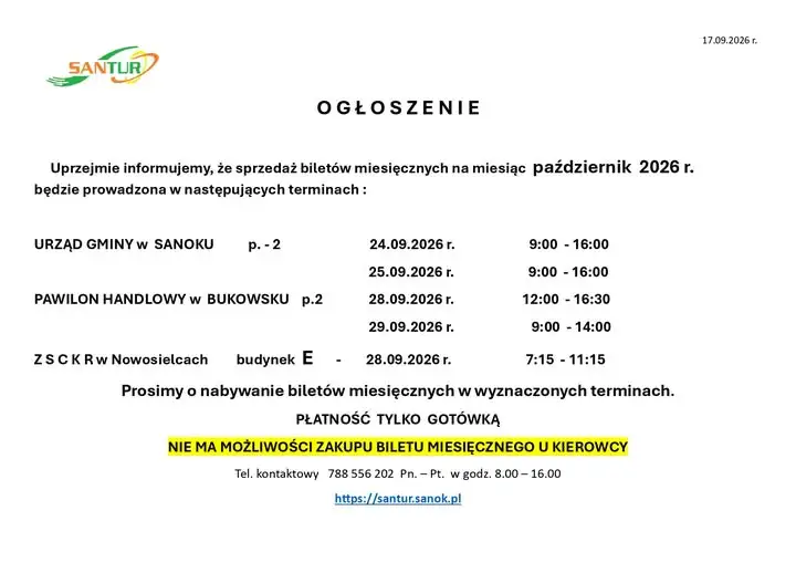 SANTUR Sanok: terminy sprzedaży biletów miesięcznych na październik 2026