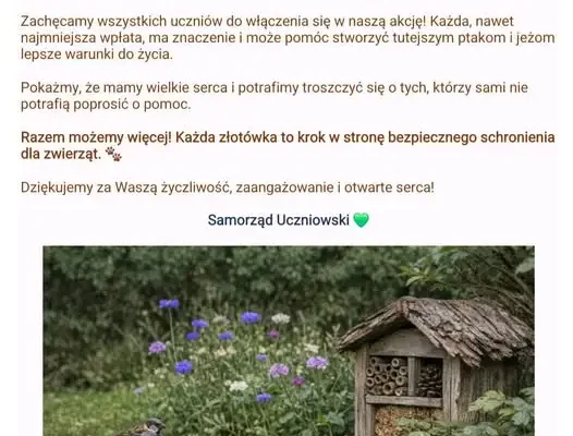 Samorząd Uczniowski organizuje zbiórkę na budki i domki dla zwierząt