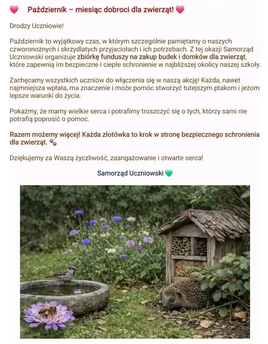 Samorząd Uczniowski organizuje zbiórkę na budki i domki dla zwierząt