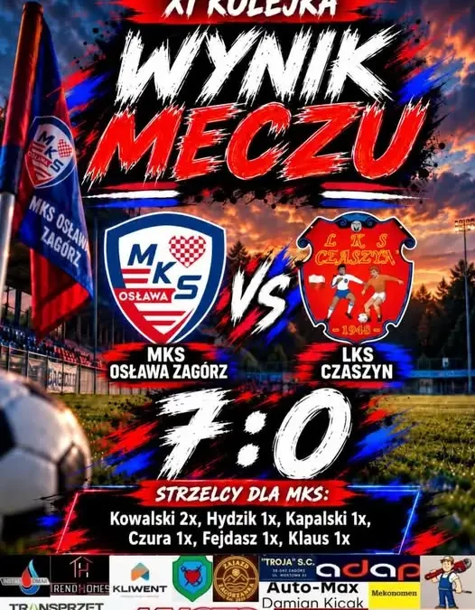 MKS Osława Zagórz rozgromił LKS Czaszyn 7:0 na zakończenie rundy jesiennej